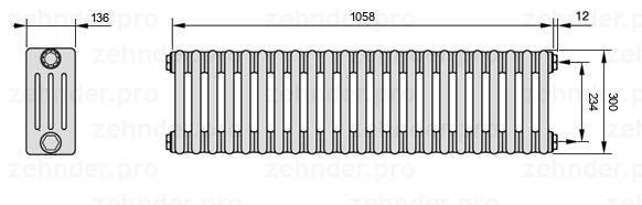 Схема (чертеж) Радиатор Zehnder Charleston 4030/23 №7610 Белый глянцевый RAL 9016